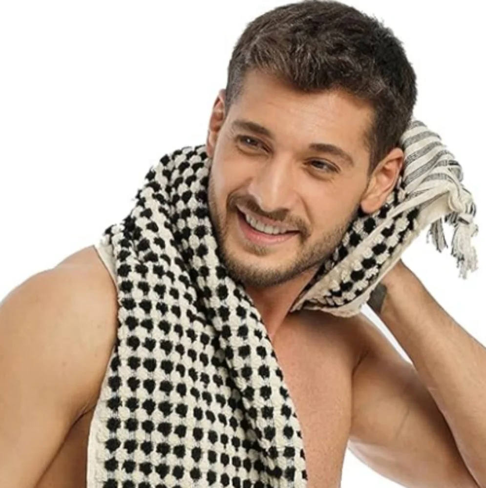 Turkish Spa Cotton Hair Towel Peshtemal Black Natural White PomPom Checkerboard